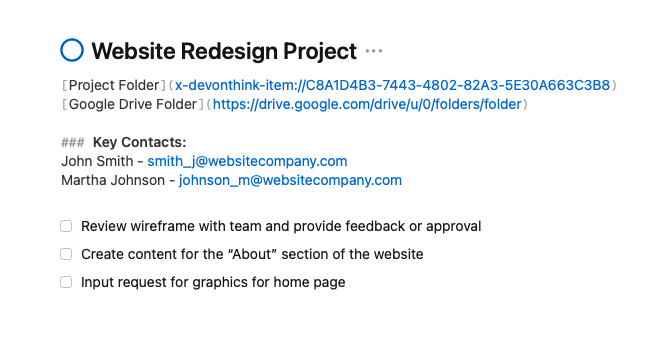 Image of project in Things app for Mac, with links to project folders.